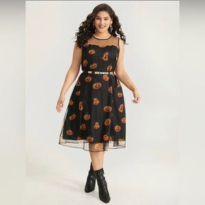 BloomChic Halloween Pumpkin Print Mesh Patchwork Tank Dress